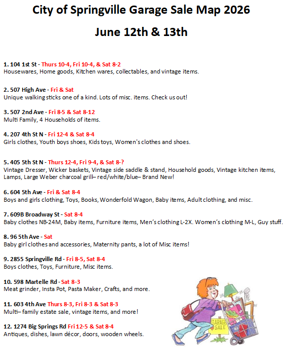 City Wide Garage Sales - Saturday, June 13, 2026 from 8 a.m. to 4 p.m.